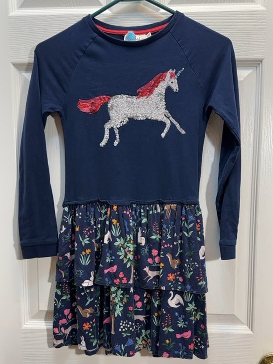 Mini Boden Other - Mini Boden Navy Long-Sleeve Unicorn Tiered Dress with Colorful Nature Print